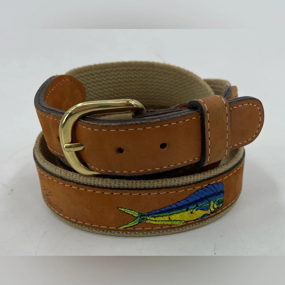 Zep Pro Leather Canvas Belt Embroidery Dolphin Fish Brown Men's 42 Fisherman USA